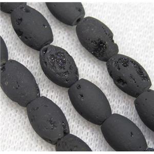 8 inch string of druzy agate rice beads, matte, black plated, approx 8x12mm