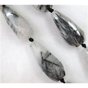 black rutilated quartz beads, faceted teardrop, approx 15-45mm