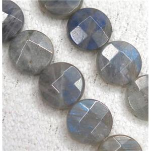 Labradorite beads, Grade AA, faceted flat-round, approx 12mm dia