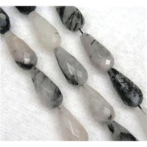 Black Rutilated Quartz bead, faceted teardrop, approx 12-25mm
