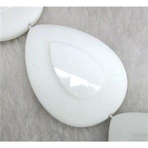 white porcelain beads, flat-teardrop, faceted, approx 30x40mm, 15.5 inches