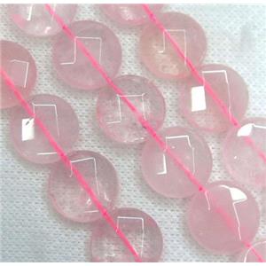 Rose Quartz beads, faceted coin, pink, approx 11-15mm