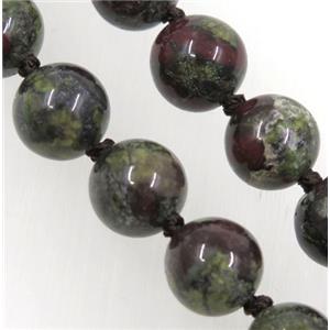 round Dragon Blood Jasper beads knot Necklace Chain, approx 8mm dia, 35.5 inch length