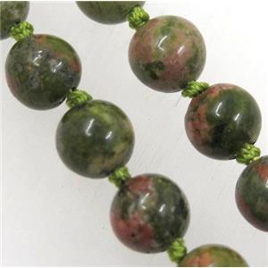 round Unakite beads knot Necklace Chain, approx 8mm dia, 35.5 inch length