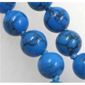 blue Turquoise beads knot Necklace Chain, round, dye, approx 8mm dia, 35.5 inch length