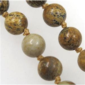 yellow Picture Jasper bead knot Necklace Chain, approx 8mm dia, 35.5 inch length