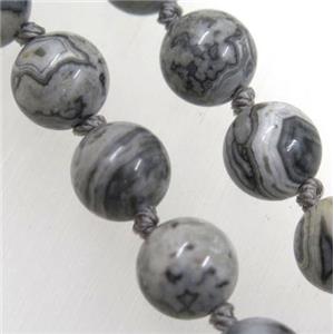 round Gray Picture Jasper knot Necklace Chain, approx 8mm dia, 35.5 inch length