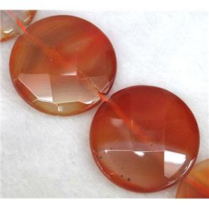 red carnelian agate beads, faceted flat round, approx 30mm dia, 15.5 inches