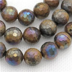 Tiger eye stone beads, faceted round, AB-color electroplated, approx 12mm dia