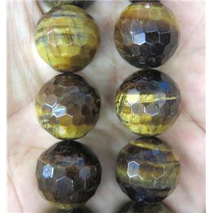 large Tiger eye stone beads, faceted round, yellow, approx 18mm dia