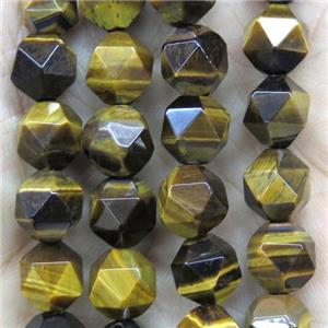 faceted round yellow Tiger eye stone beads ball, approx 8mm dia