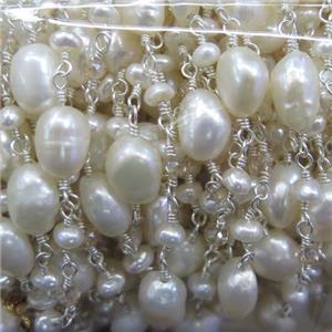 freshwater Pearl bead chain, silver plated, approx 4-8mm
