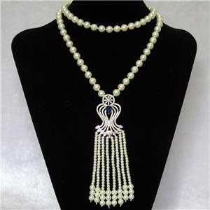 white Pearlized Glass Necklace with copper pendant pave zircon, round, approx 8mm, 28-50mm, 74cm length