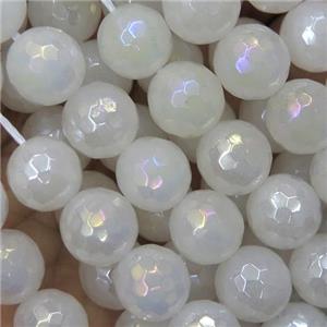 faceted round White Jasper beads, AB-color plated, approx 12mm dia