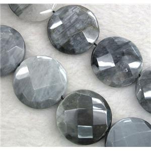 natural Eagle Eye Stone beads, faceted flat-round, approx 25mm dia, 15.5 inches