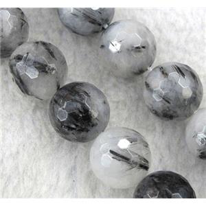 Black Rutilated Quartz beads, faceted round, approx 12mm dia, 15.5 inches