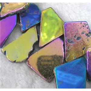 agate slice beads, freeform, rainbow electroplated, approx 20-50mm, 15 inches