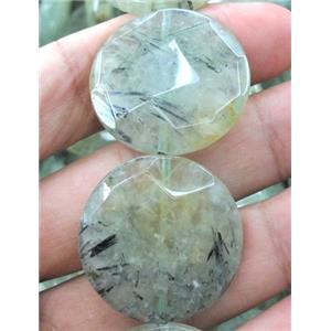 prehnite beads, faceted flat-round, green, approx 30mm dia, 15.5 inches