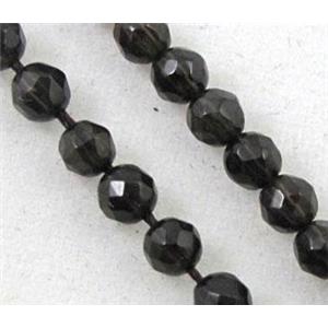 natural smoky quartz beads, tiny, dark-grey, faceted round, approx 3mm dia, 15 inches