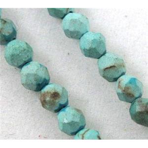 blue turquoise beads, tiny, faceted round, approx 3mm dia, 15 inches