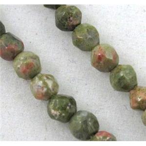 tiny unakite beads, green, faceted round, approx 3mm dia, 15 inches