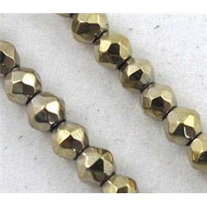 hematite beads, tiny, lt.gold plated, faceted round, approx 3mm dia, 15 inches