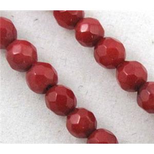 coral beads, deep-red, tiny, faceted round, approx 3mm dia, 15 inches