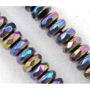 hematite beads, faceted rondelle, rainbow electroplated, approx 2x4mm, 15 inches