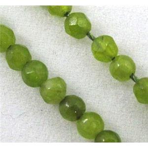 jade beads, tiny, faceted round, olive, approx 3mm dia, 15.5 inches