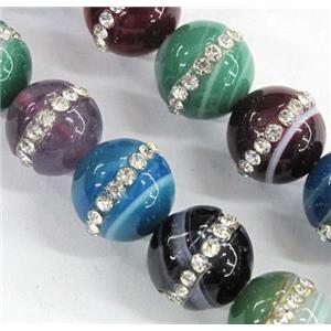 mixed agate beads paved rhinestone, round, approx 10mm dia