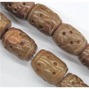 Chinese Jade Beads, barrel, brown, carved, approx 13x18mm