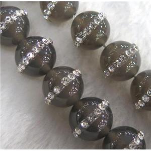 gray Agate bead, paved rhinestone, round, approx 10mm dia