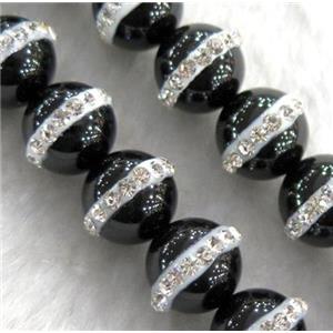 black Agate bead paved rhinestone, round, approx 8mm dia