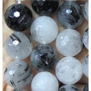 black Rutilated Quartz bead, faceted round, approx 12mm dia, 15.5 inches