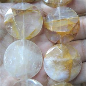Iron-Quartz bead, faceted flat-round, yellow, approx 30mm dia