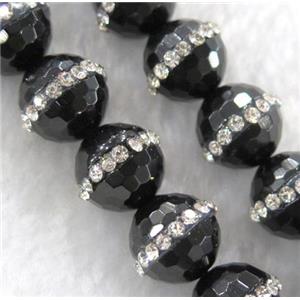 black agate beads with rhinestone, faceted round, approx 12mm dia, 15.5 inches