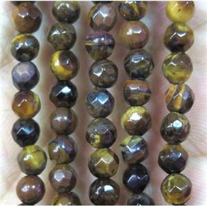 Tiny tiger eye stone beads, faceted round, yellow, approx 4mm dia
