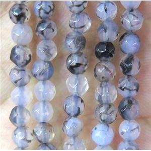 Tiny dragon veins agate bead, faceted round, approx 4mm dia