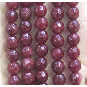 Jade Beads, faceted round, ruby dye, approx 6mm dia
