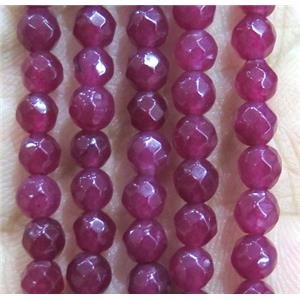 Jade Beads, faceted round, ruby dye, approx 4mm dia