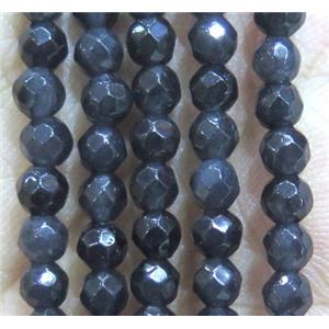 Jade Beads, faceted round, darkGrey dye, approx 4mm dia