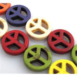 synthetic Turquoise bead with Peace sign, mix color, 15mm dia, approx 25pcs per st