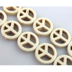 synthetic Turquoise beads with Peace sign, white, 15mm dia, approx 25pcs per st