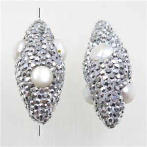 white pearl beads paved silver rhinestone, oval, approx 19-33mm