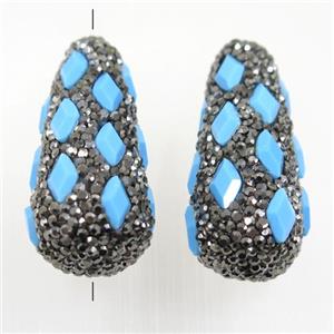 blue crystal glass beads paved rhinestone, teardrop, approx 20-38mm