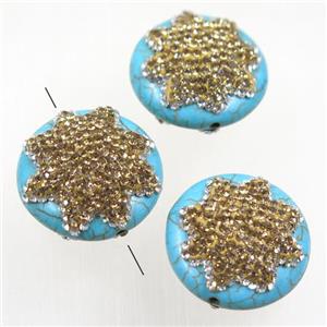 blue turquoise beads paved yellow rhinestone, coin, approx 25mm dia