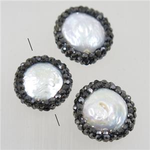 freshwater pearl beads paved rhinestone, circle, approx 10-14mm