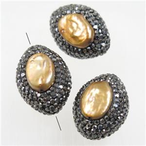 golden freshwater pearl beads paved rhinestone, oval, approx 20-28mm