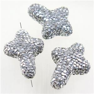 resin cross beads paved silver rhinestone, approx 20-30mm