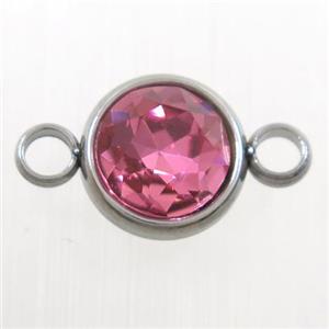 crystal glass connector, pink, stainless steel, approx 10mm dia